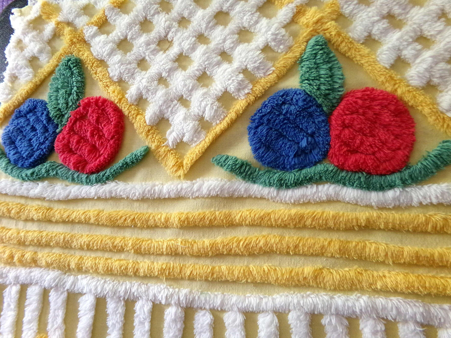 Happy Vintage Chenille Fabric, Red & Blue Rosettes on Yellow Geometric, 29" x 30" inch piece
