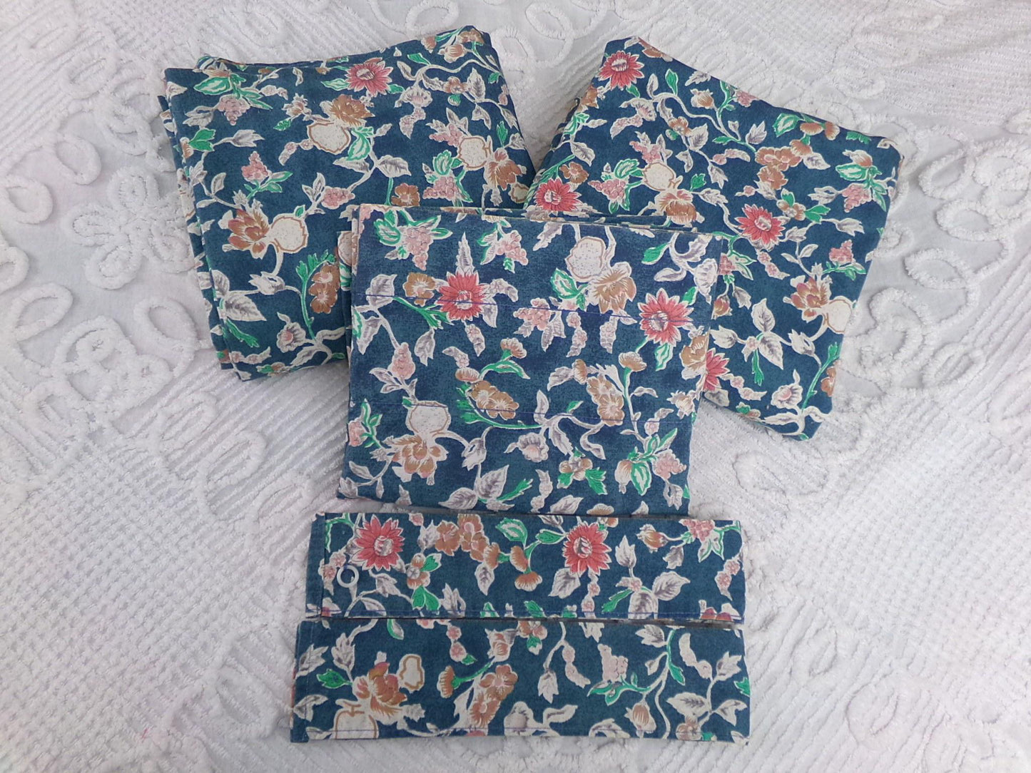 Ralph Lauren Curtain Set in Iconic Jardin Floral, Vintage Pair of Blue 1990s Window Drapery Panels, Valance & Tiebacks, Cotton, Made in USA