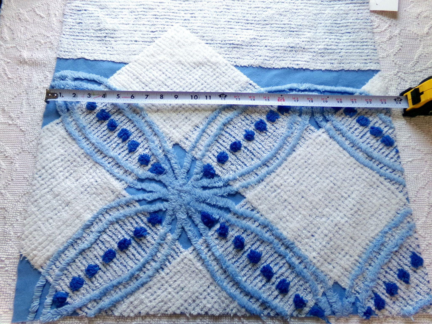 mystic coastal blue & white vintage chenille fabric, starburst geometric pattern, 22" x 23" inch piece of unique cotton sewing material