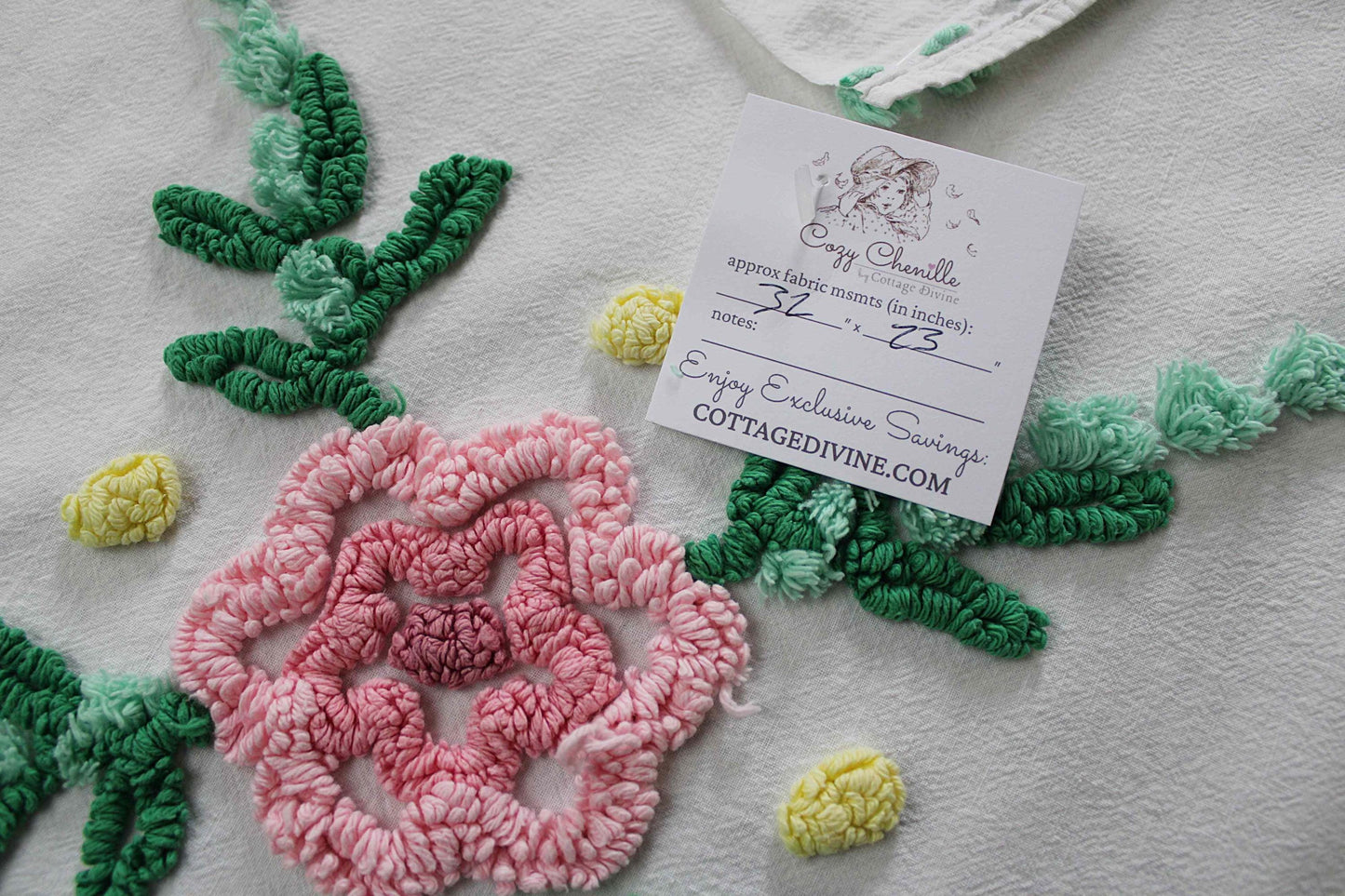 simple floral vintage chenille fabric, 32" x 23" cut piece, jadeite & white pops with pink rose flower, lightweight cotton