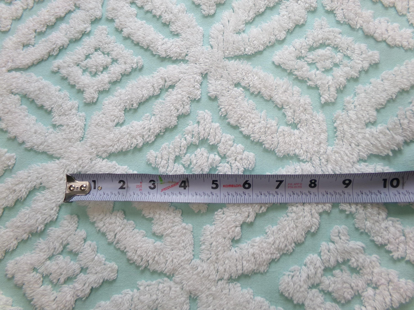 vintage aqua chenille fabric, white petals geometric design, 20" x 24" piece of sewing material