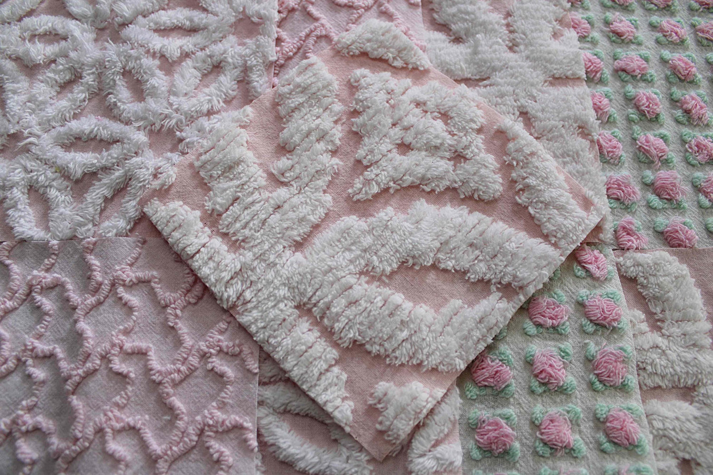 fairy pink chenille fabric squares, cottage rosebud & daisy, 16 vintage quilt blocks 6" x 6" inch, for patchwork pillows, quilting, crafts