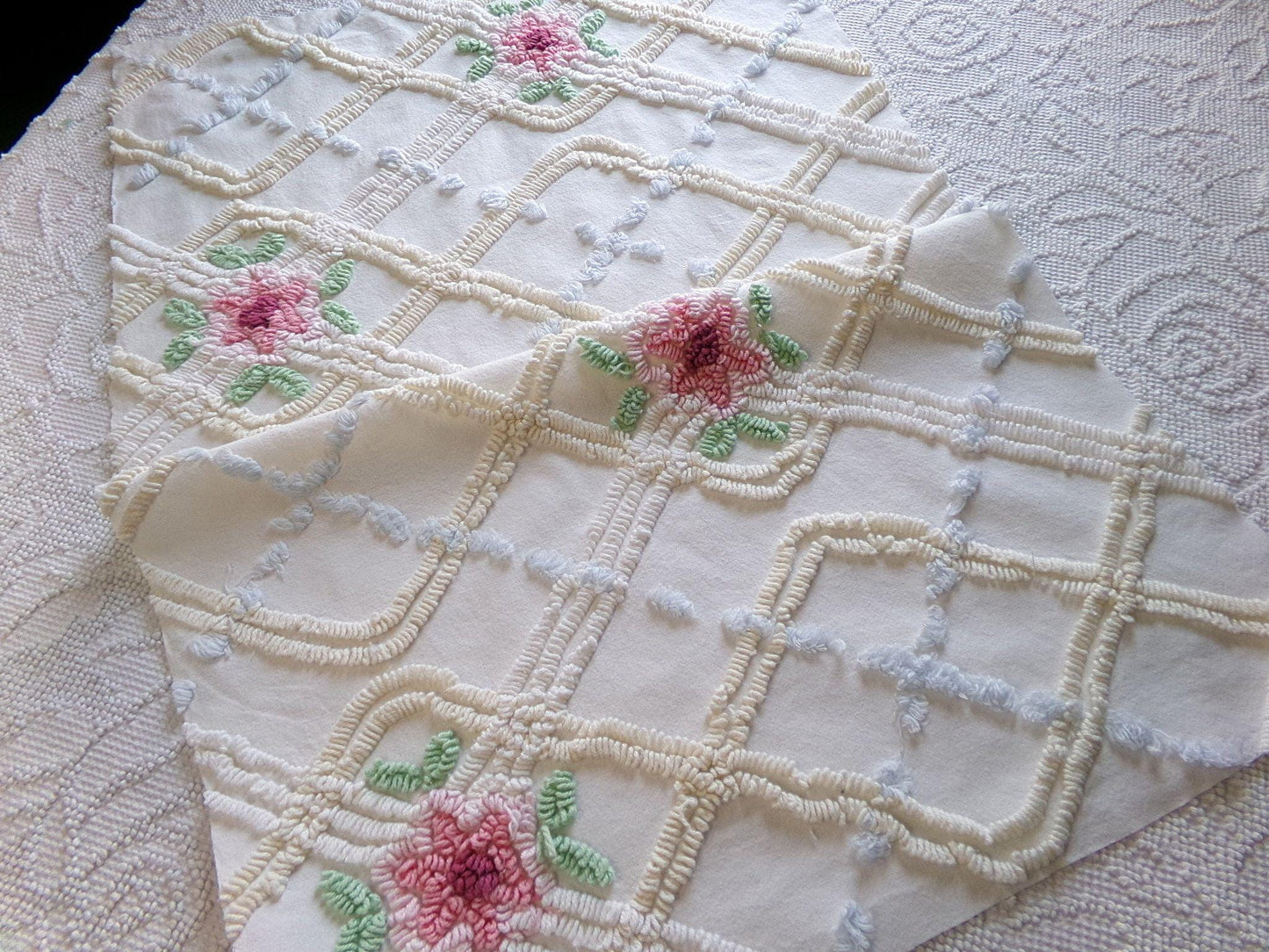 neutral pink rose vintage chenille fabric, beautiful 20" x 30" inch piece of cotton sewing material for quilting & crafts