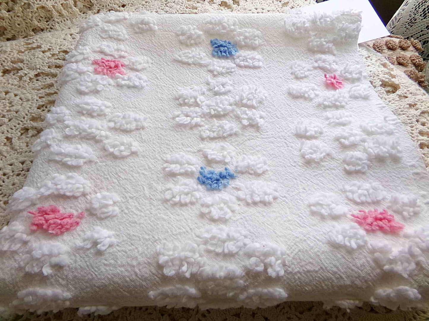 Cute Vintage Style Chenille Fabric, Y2K Daisy Pattern in White, Pink & Blue, 18" x 24" inch Piece, 100% Lightweight Cotton