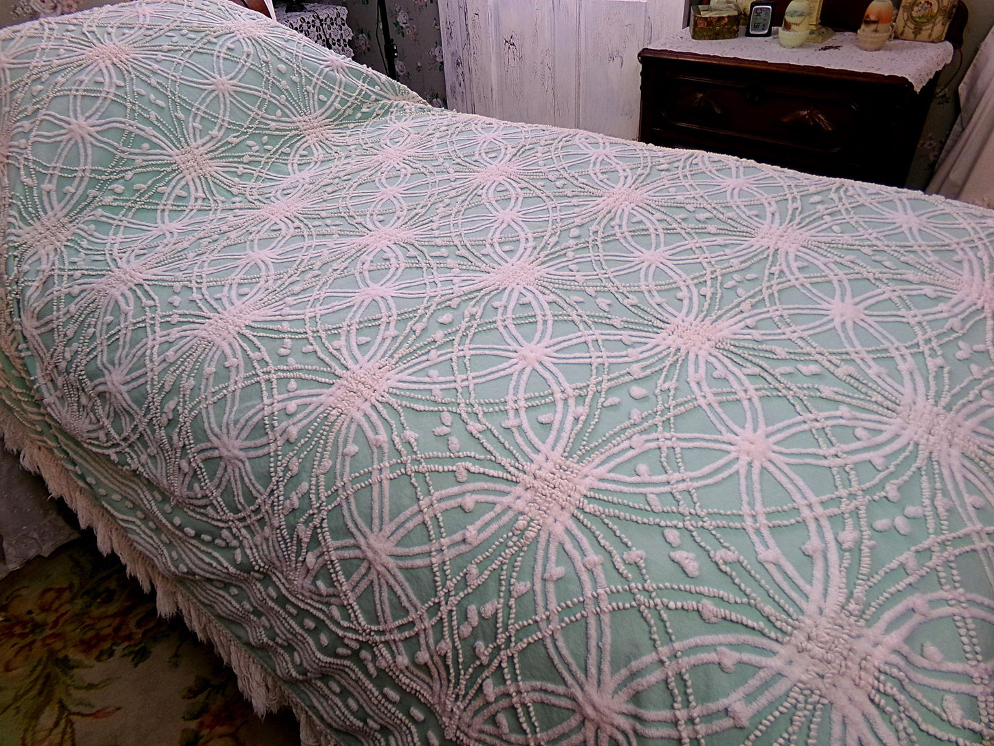 jade green pink rose vintage chenille bedspread, beautiful twin size shabby chic style bedding, great as a summer cottage coverlet