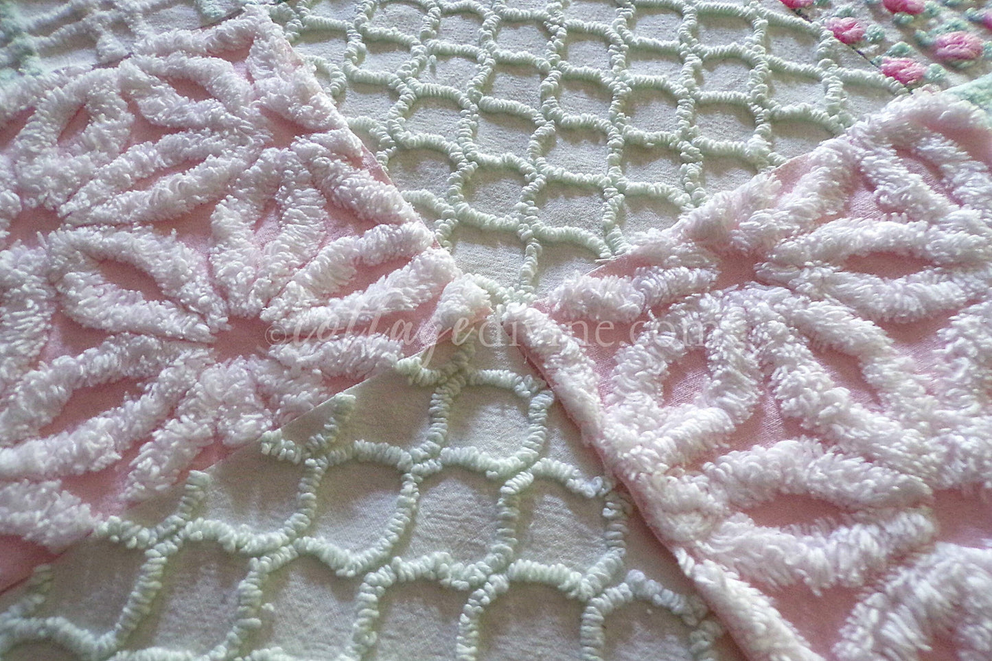 Picnic Time Chenille Quilt Squares Set from Vintage Bedspread Fabric, 16 Blocks, 6" x 6" inches each, Pretty Green, White, Pink Rosebud
