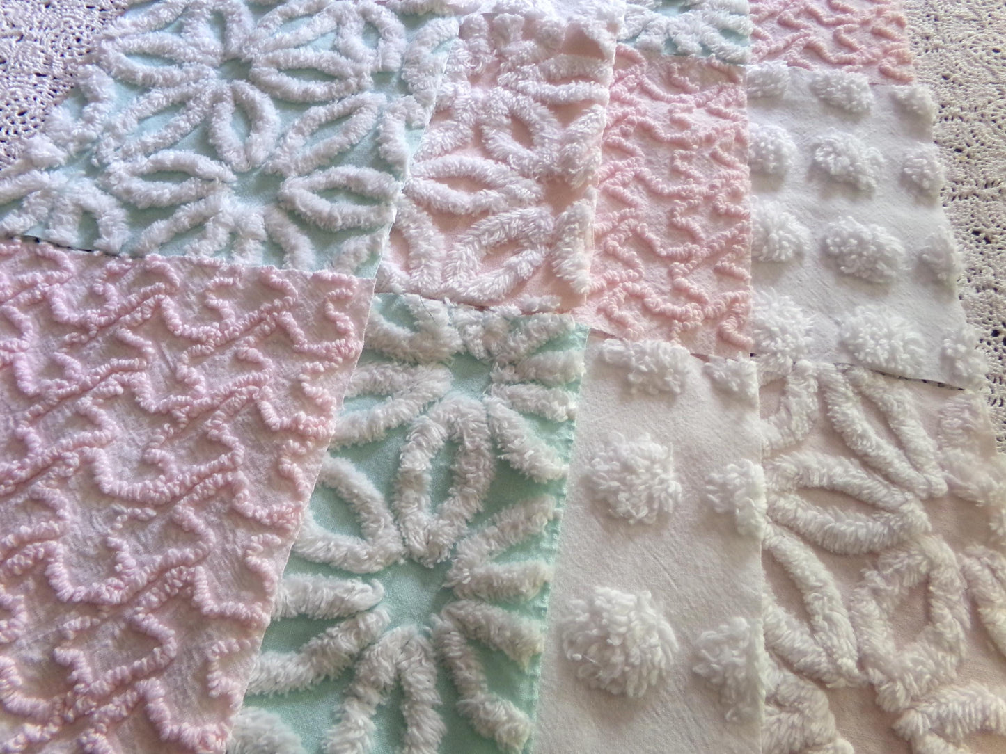 Beautiful Aqua & Pink Chenille Quilt Squares Set from Vintage Bedspread Fabric, 16 Blocks, 6" x 6" inch, Daisy, Squiggle, Polka Dot Patterns