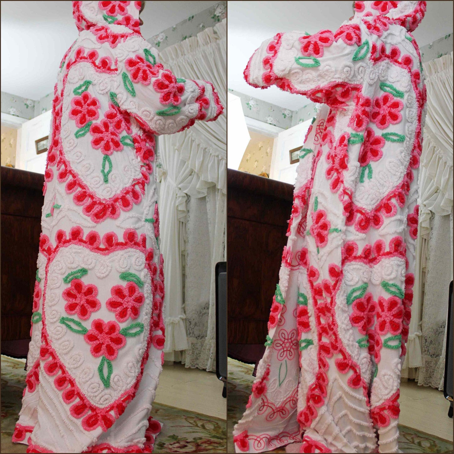 Hooded Chenille Robe in Pink Hearts & Flowers, Cozy Cute Medium / Large Hooded Vintage Style Women's Bathrobe