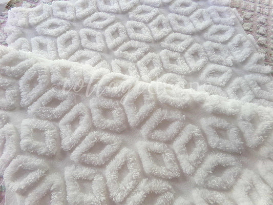 Snowflake Wedge White Vintage Chenille Fabric, 27" x 24" Piece, Snowy Geometric Wedge Daisy Design