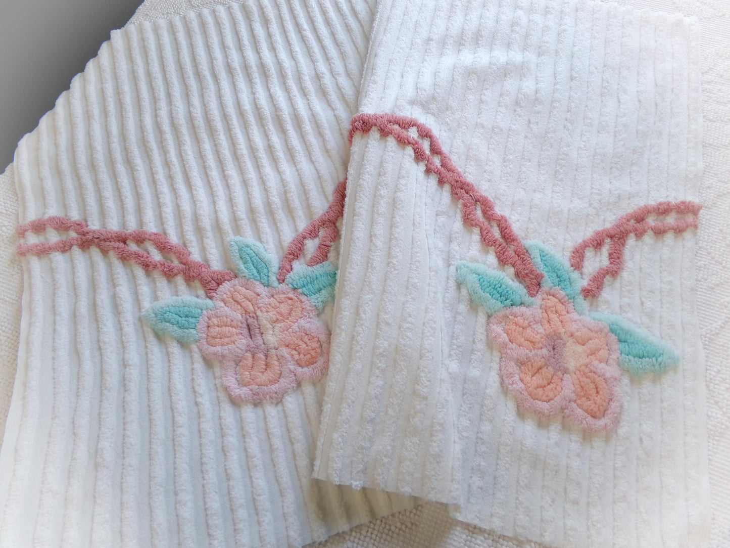 rose garland vintage chenille fabric, floral 20" x 29" piece of white cotton sewing material for crafts, pillows