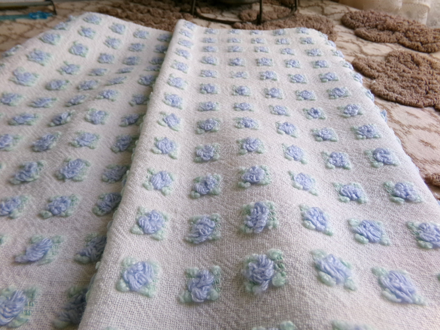 Miniature Blue Rosebuds Vintage Chenille Quilt Fabric, 12" x 29" inch Piece, Micro Roses on Lightweight Cotton