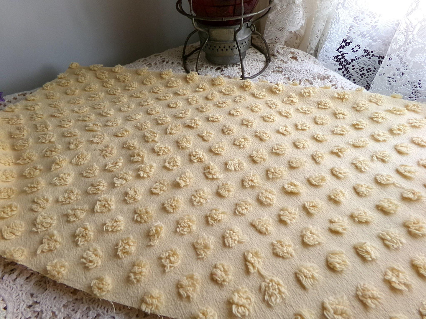 puffy gold pops vintage chenille fabric, boho style sewing material for handmade chenille quilts & crafts, 20" x 24" piece