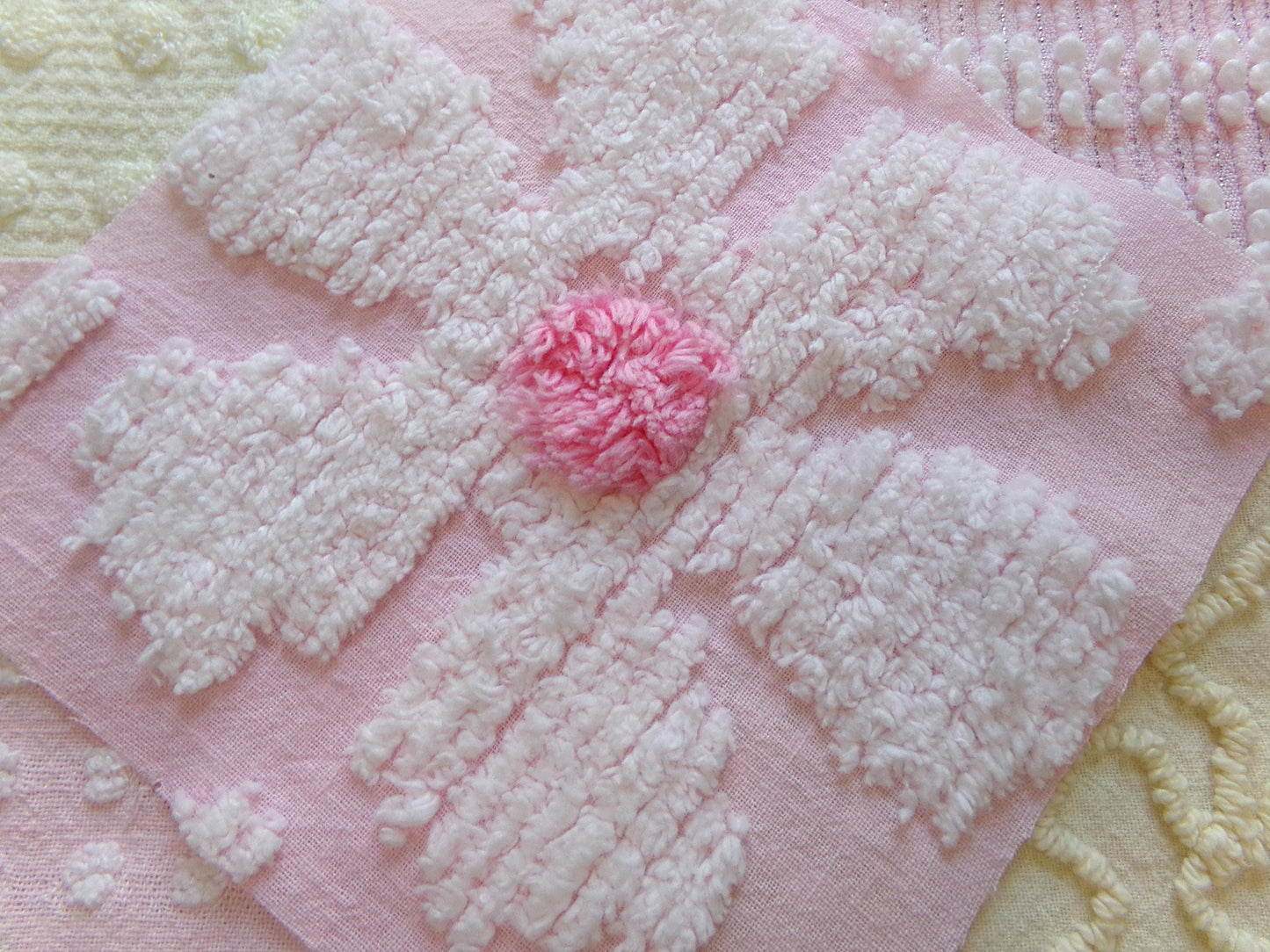 celebrate spring vintage chenille fabric squares, set of 17 pink & yellow 6" blocks for crafts, sewing