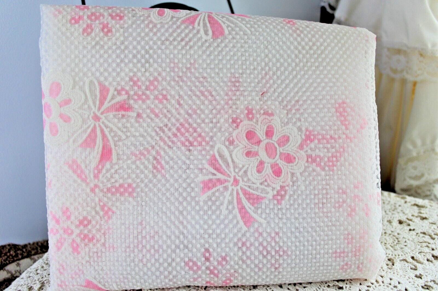 Vintage Flocked Curtain, Petal Pink Daisy & Dot Pattern, SINGLE Sheer Panel, 72"L