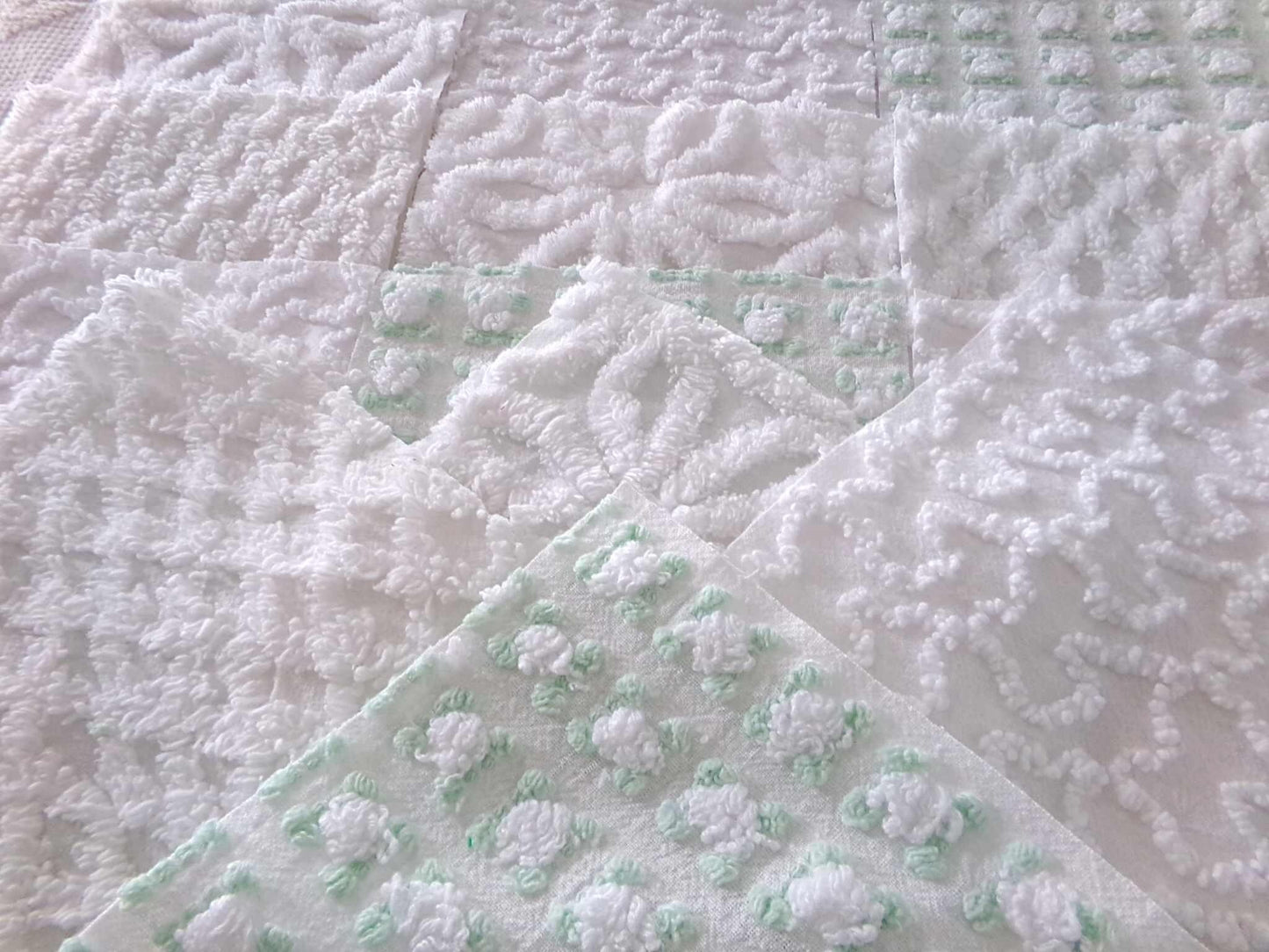 winter rose chenille fabric squares, white rosebud, daisy & geometric mix, vintage craft square set of 16 quilt blocks, 6" x 6" inch