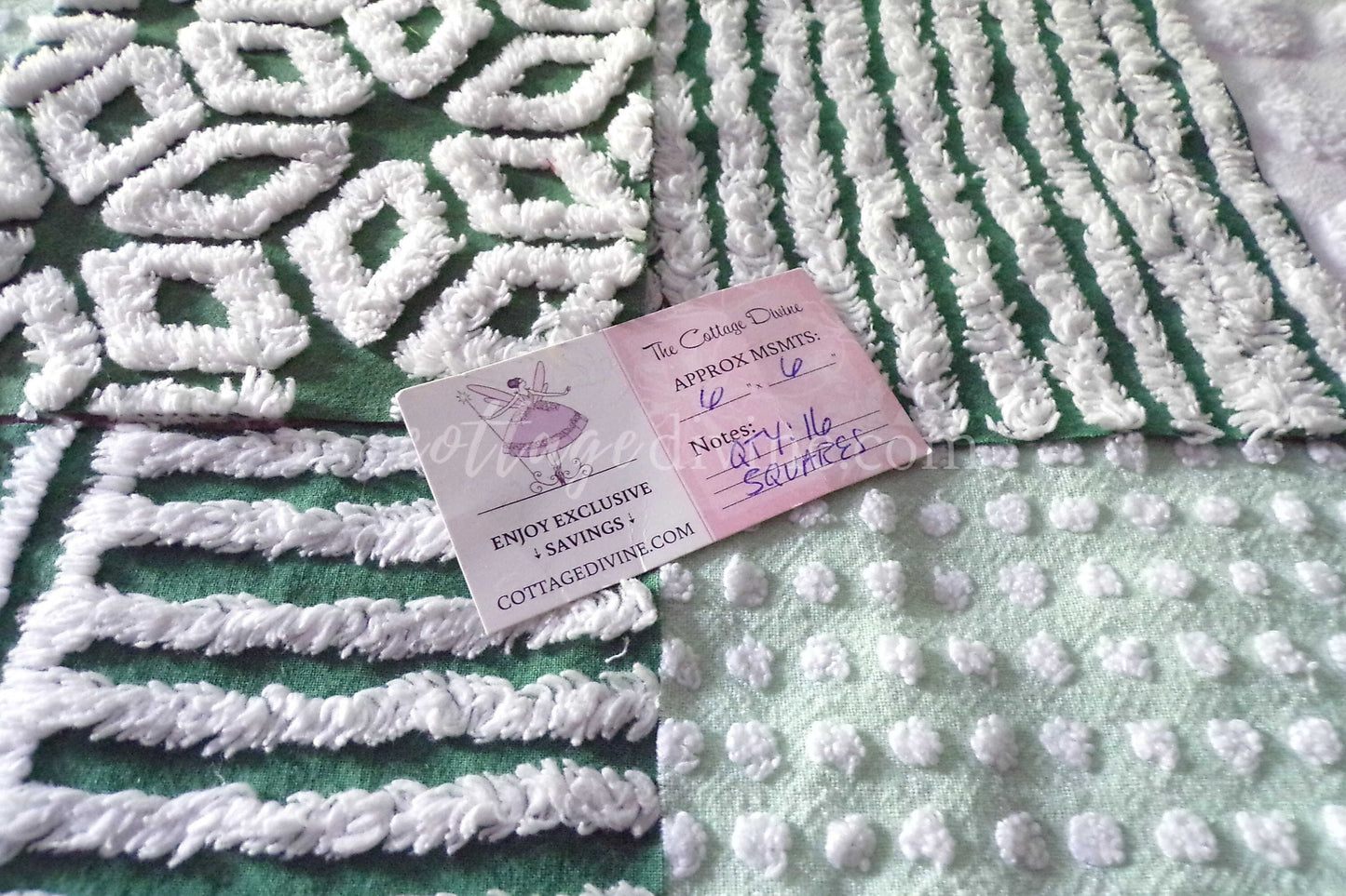 Lucky Star Quilt Squares Set, Rotary Cut from Vintage Chenille Bedspread Fabric, 16 Blocks, 6" x 6" inch, Green & White