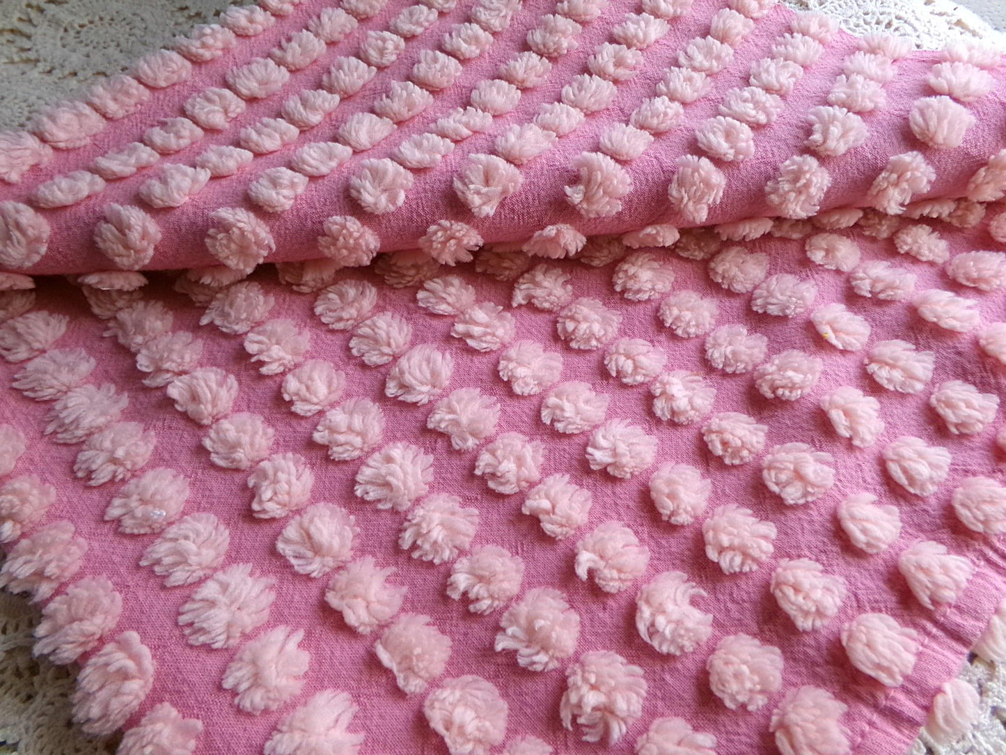 fluff puff pops chenille fabric, cute oversize bobbles on pink rose, 20" x 30" inch piece great for chenille quilts & sewing projects
