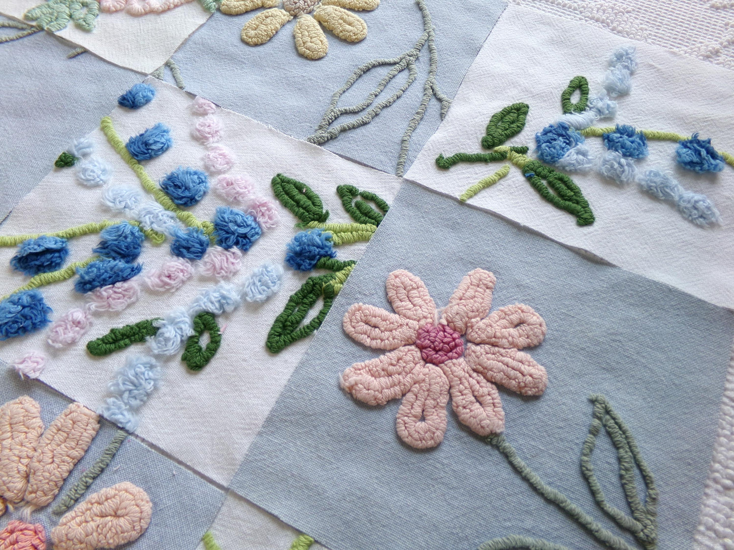 vintage chenille fabric squares, "barefoot in the meadow" set of 16 floral 6" quilt blocks in sky blue daisy, lupine flowers & roses