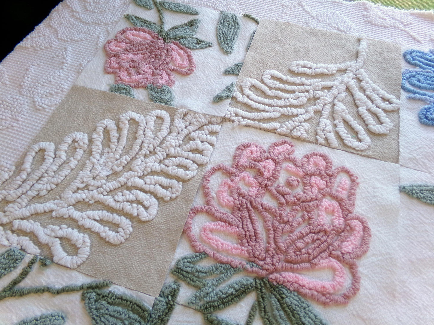 woodland botanicals vintage chenille fabric squares, set of 16 natural floral 6" quilt blocks for crafts, sewing, diy pillow covers