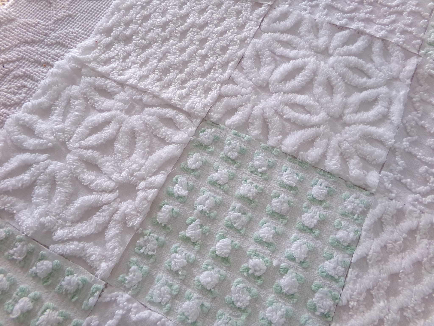 winter rose chenille fabric squares, white rosebud, daisy & geometric mix, vintage craft square set of 16 quilt blocks, 6" x 6" inch