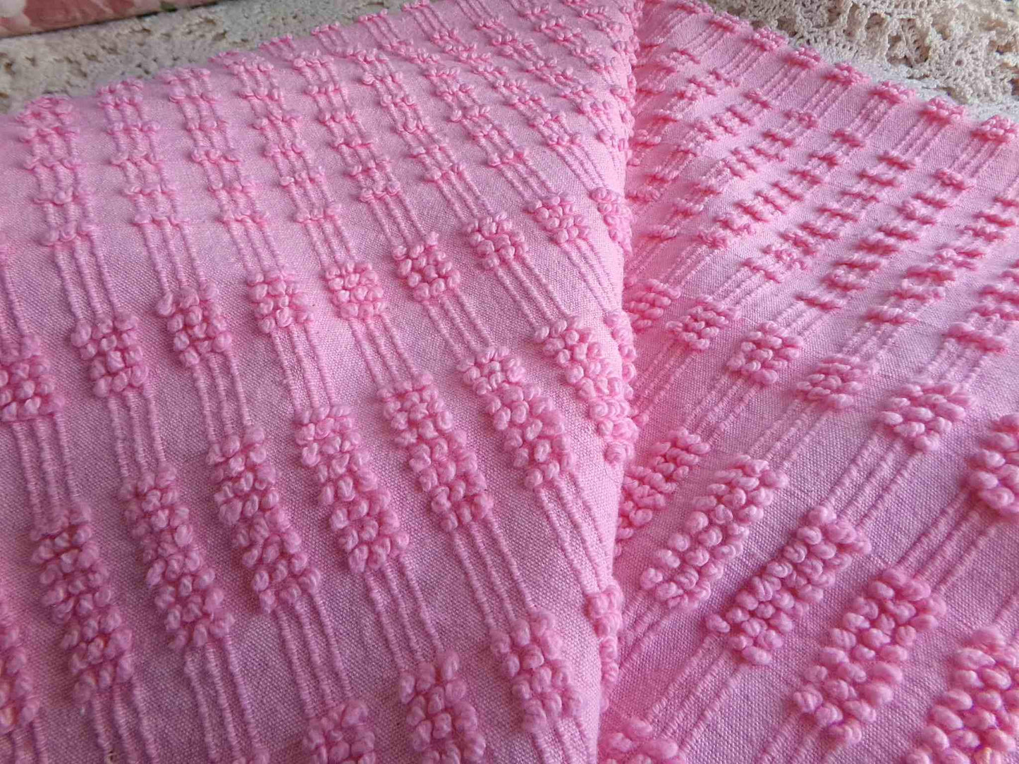 pink pearly pops vintage chenille fabric, 20" x 24" cut piece quilt material for sewing, crafts, upcycling, fun texture & unique design