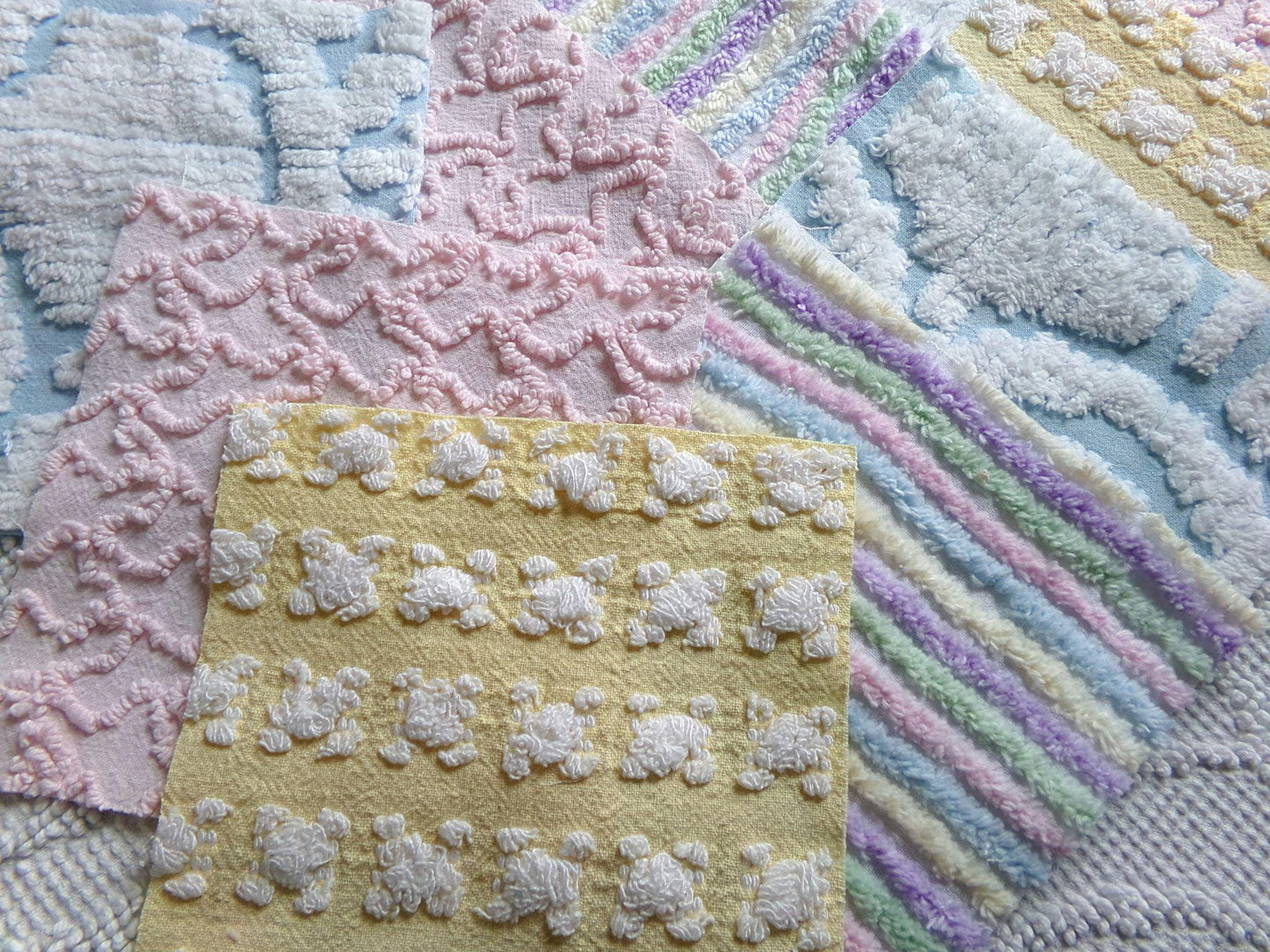 fairyland chenille fabric squares, 16 vintage 6" quilt blocks in pastel rainbow, pink & yellow rosebud, for sewing, crafts, fiber arts