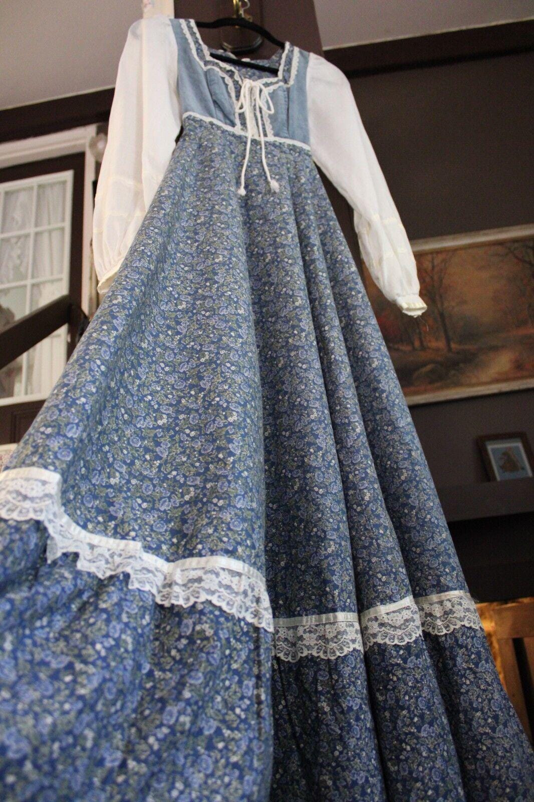 Vintage Gunne Sax Prairie Dress, Morning Glory Velvet Corset, Maxi Gown, SUPER SMALL