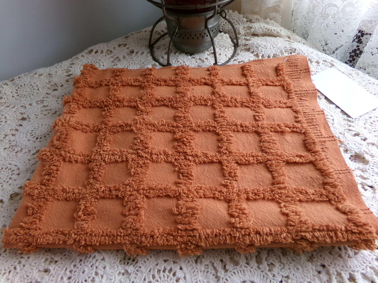 nutmeg pumpkin spice chenille fabric, 20" x 24" boho vintage style sewing material for quilts, crafts in simple windowpane tufted design