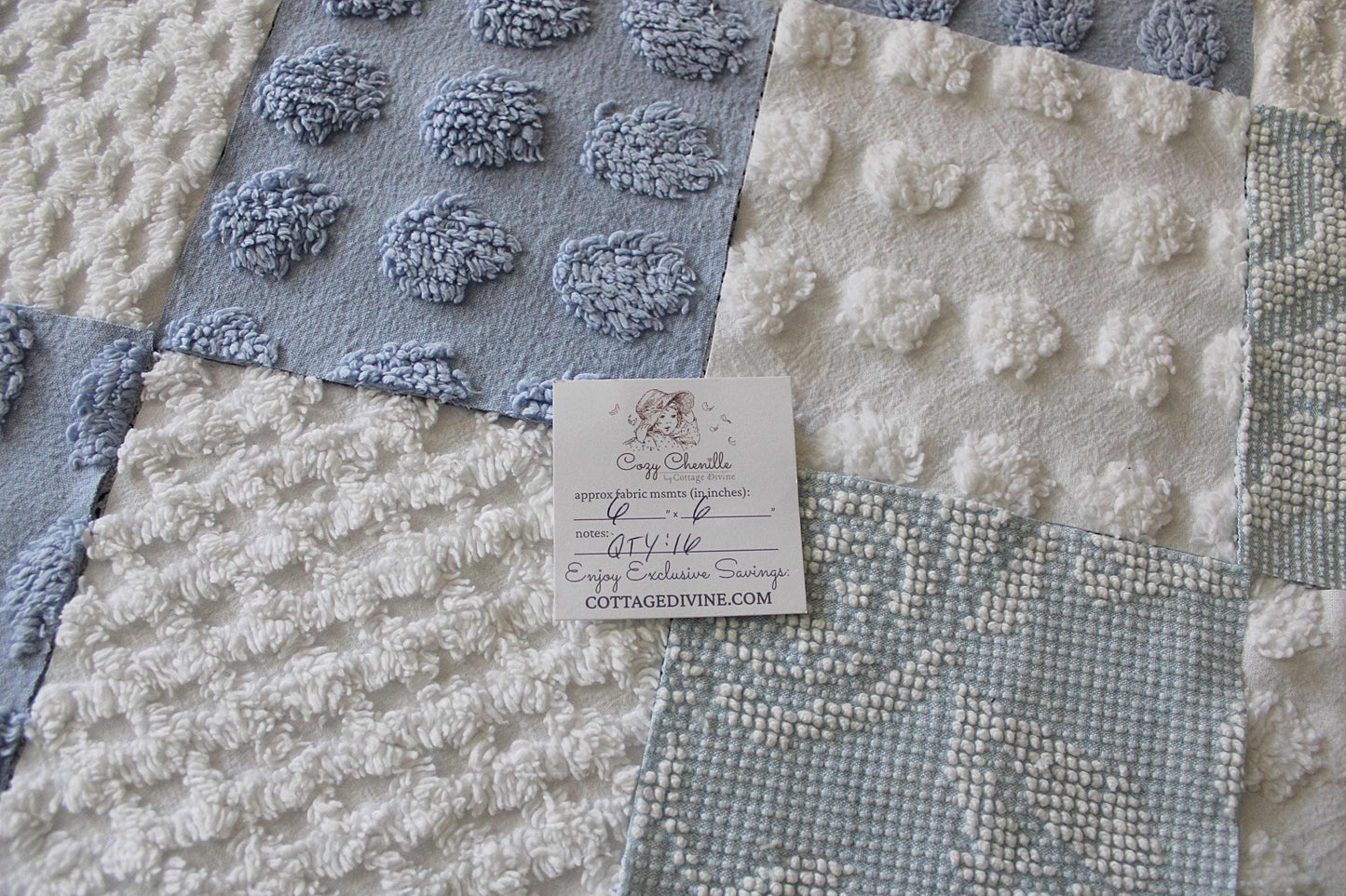 Chenille Fabric Squares, Beachy Blue & White Craft Square Set from Vintage Bedspread Fabric, 16 Blocks, 6" x 6" inch
