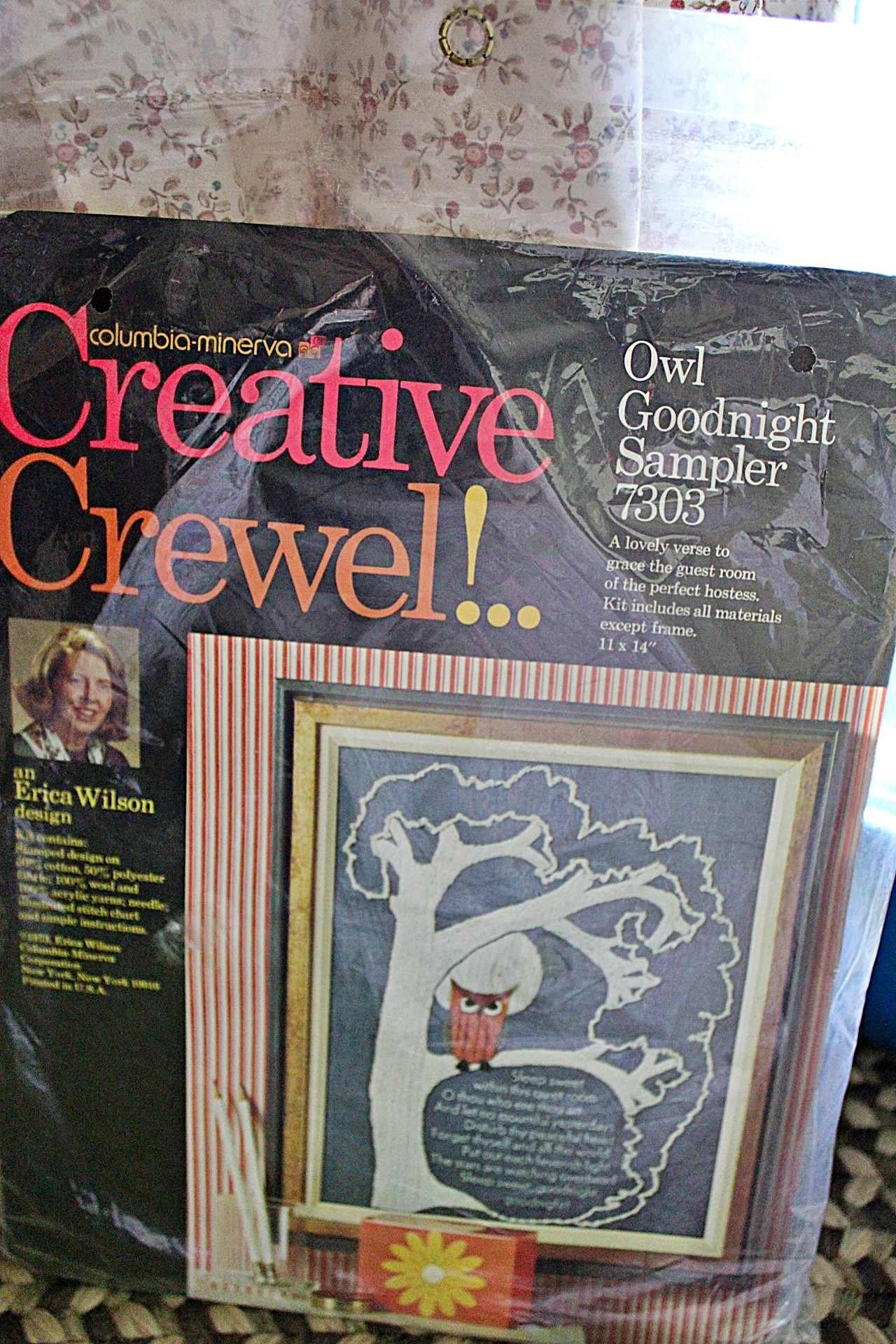 OWL GOODNIGHT Sampler ~ 1973 Erica Wilson Design, Vintage Columbia Minerva Creative CREWEL Embroidery Kit # 7303 ~ Cute Poem