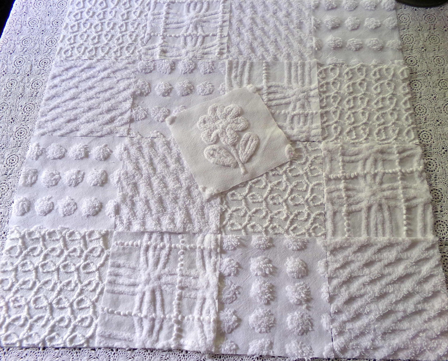 Snowy Whites Chenille Quilt Squares Set from Vintage Bedspread Fabric, 17 Blocks 6" x 6" inch, Pops, Squiggles, Lattice & a Daisy