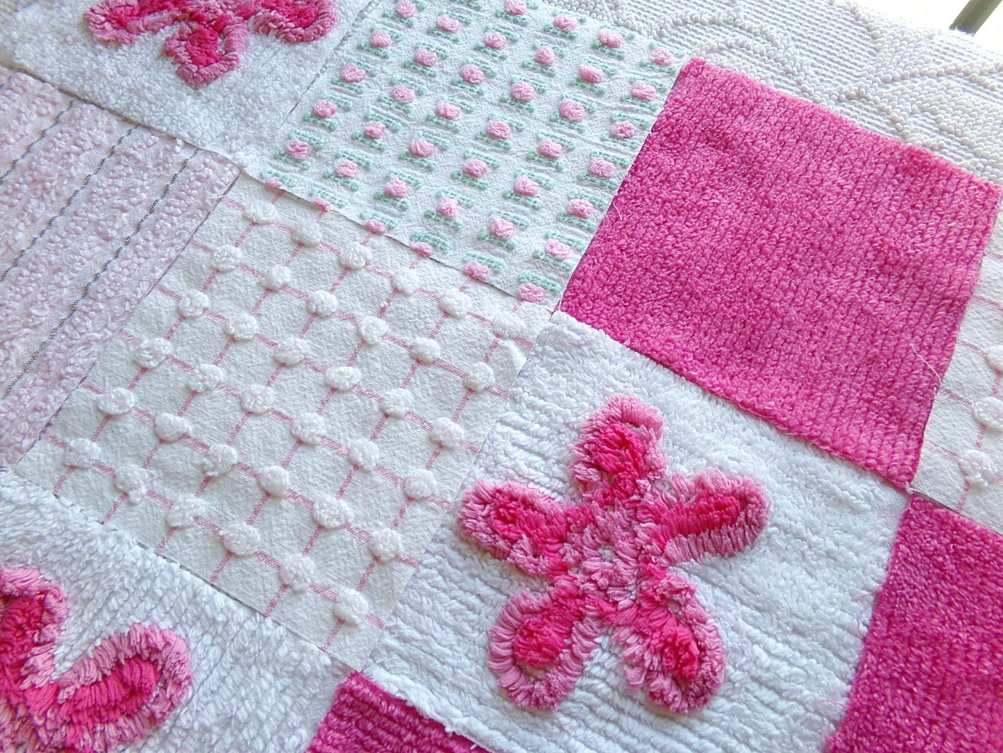 fun pink vintage chenille fabric squares, set of 16 quilt blocks 6" each geometric & flowers for crafts, sewing