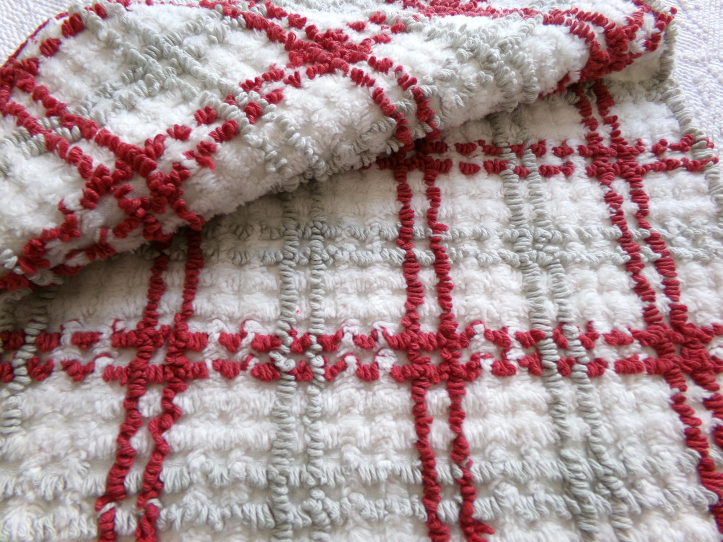Preppy Plaid Vintage Chenille Fabric, Maroon & Grey Needletufting on White Grid, 18" x 23" inch Piece, 100% Cotton