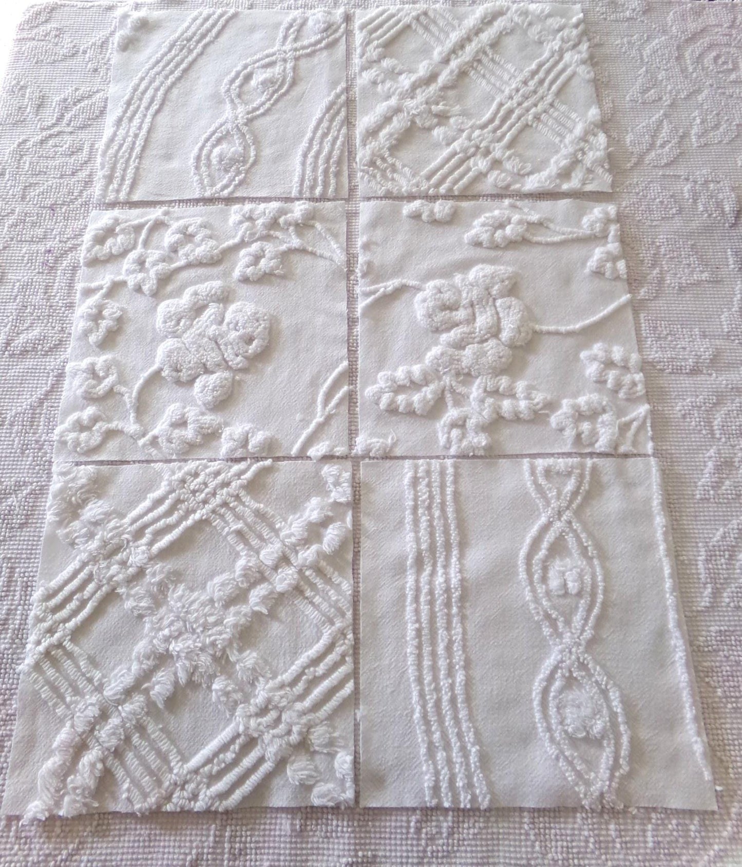 vintage rose 9.5" chenille fabric squares, set of 6 white quilt blocks, elegant ivy & geometric prints for sewing, crafts