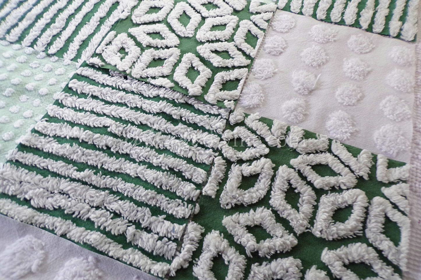 Lucky Star Quilt Squares Set, Rotary Cut from Vintage Chenille Bedspread Fabric, 16 Blocks, 6" x 6" inch, Green & White