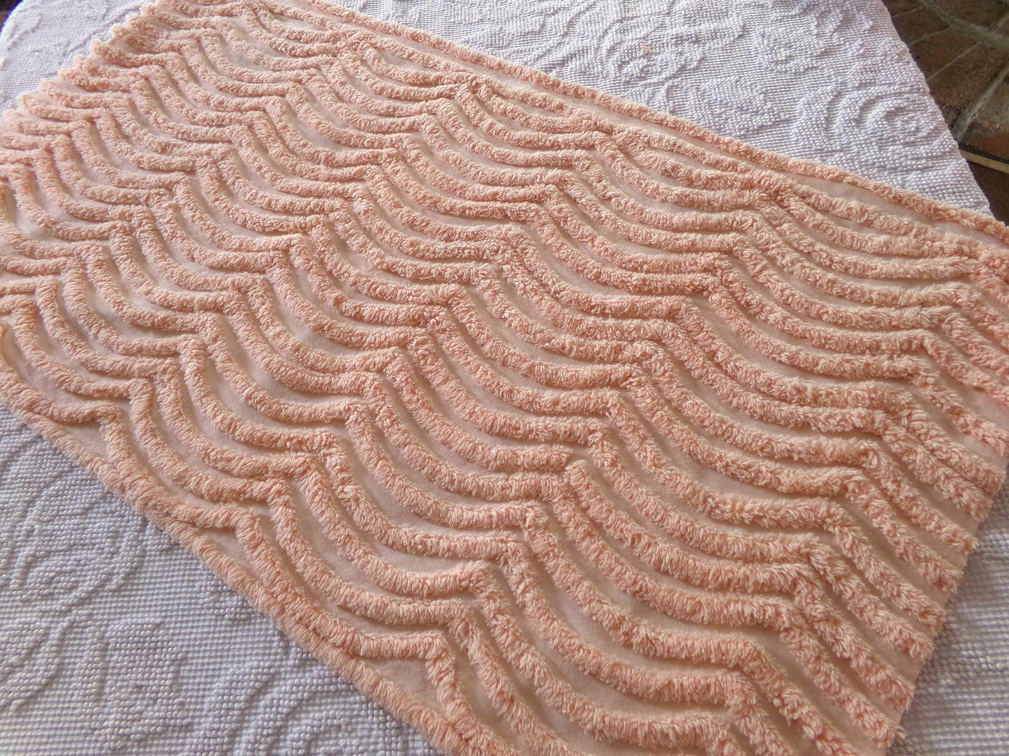 swirling peach waves vintage tufted fabric, 17.5" x 32" inch piece, plush chenille texture, sewing material for quilts, pillows