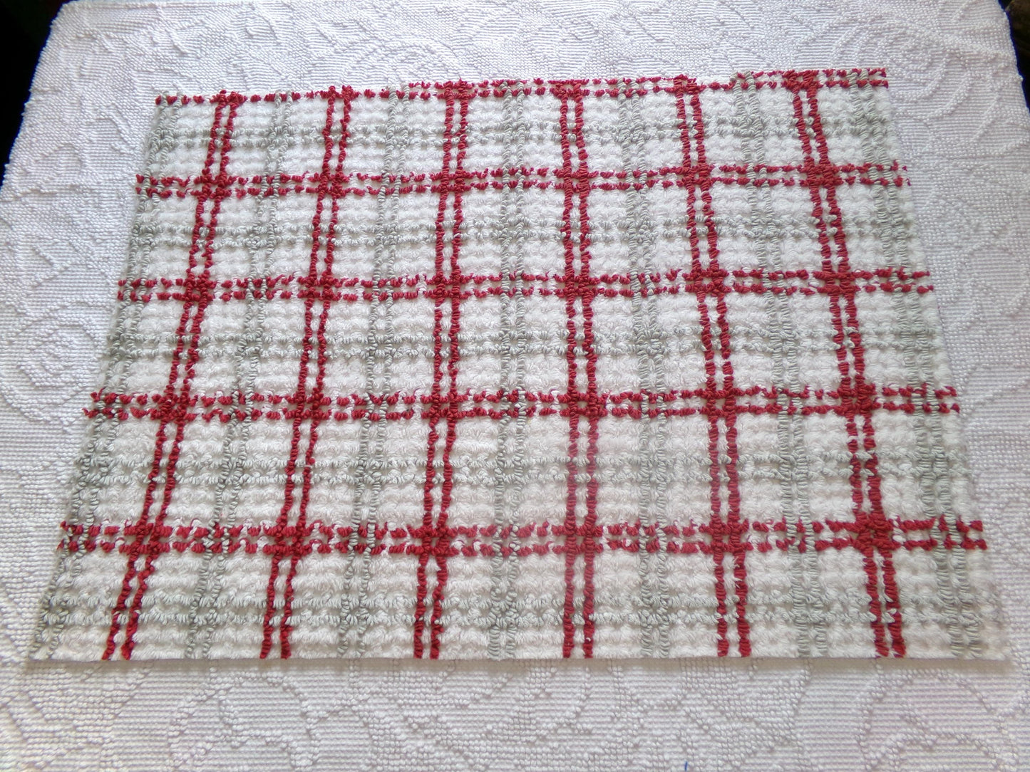 Preppy Plaid Vintage Chenille Fabric, Maroon & Grey Needletufting on White Grid, 18" x 23" inch Piece, 100% Cotton