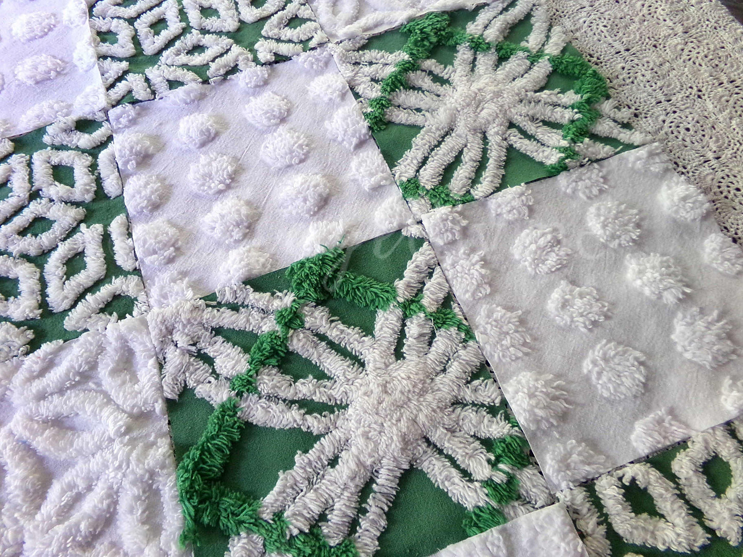 winter's enchantment vintage chenille fabric squares, set of 16 green & white quilting blocks, 6" each for patchwork pillows, quilt inlays