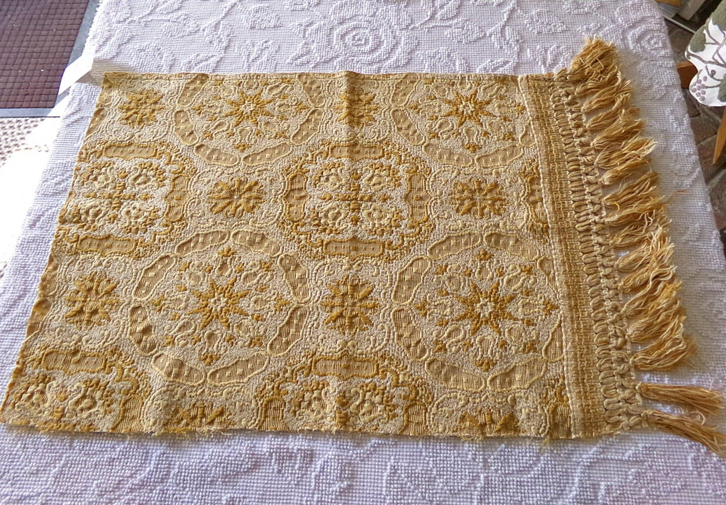 celestial gold matelasse woven tapestry fabric, silky shimmer fringe, 18" x 23" inch piece of vintage luxury sewing material