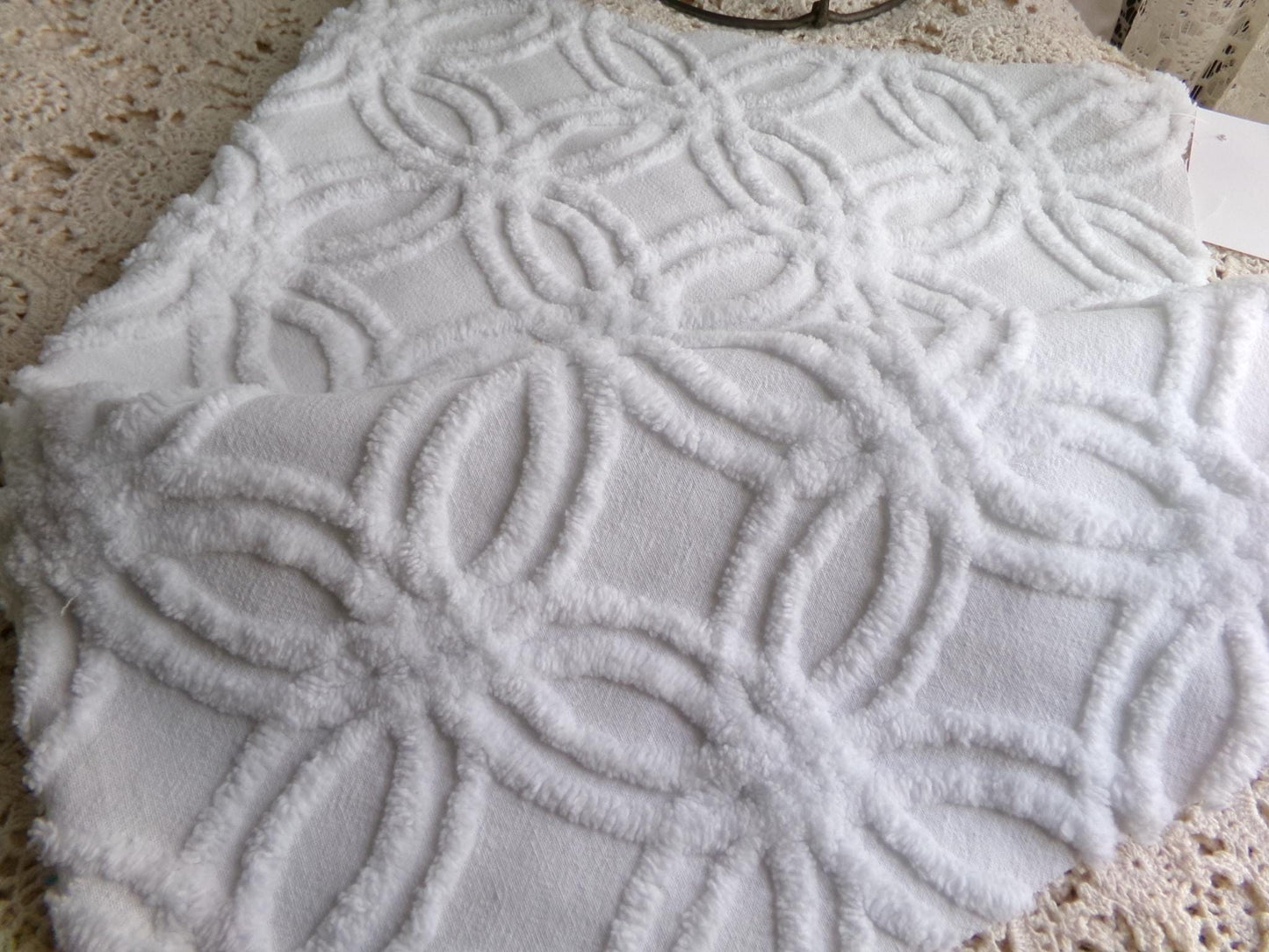 versatile white vintage chenille fabric, classic wedding ring design, 15.5" x 23" inch piece of sewing material for quilts, crafts