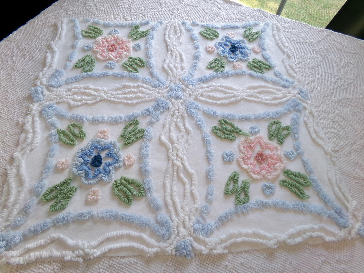 Country Cottage Chic Vintage Chenille Fabric, 20" x 21" Piece of Floral White Cotton Sewing Material, Upcycle into Pillows, Quilts