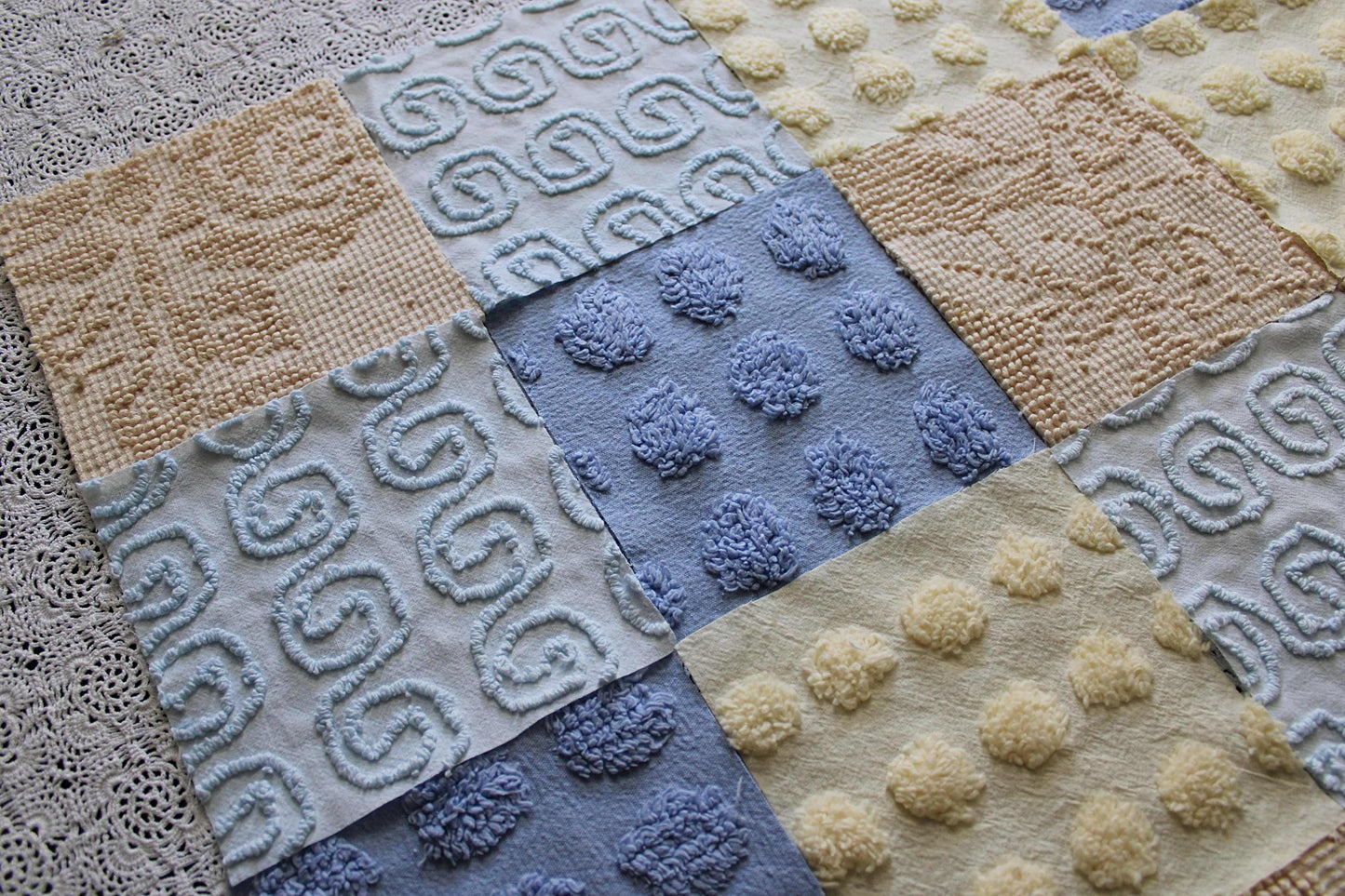 Ocean Sands Vintage Chenille Fabric Squares, Blue & Golden Sand Craft Square Set, 16 Blocks, 6" x 6" inch, Modern Chic