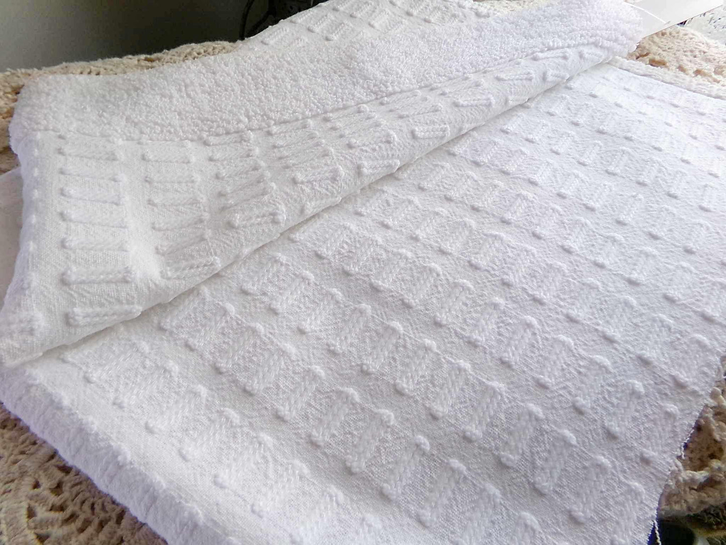 clean crisp white vintage chenille fabric: unique buttonhole design, 19" x 24" cut piece