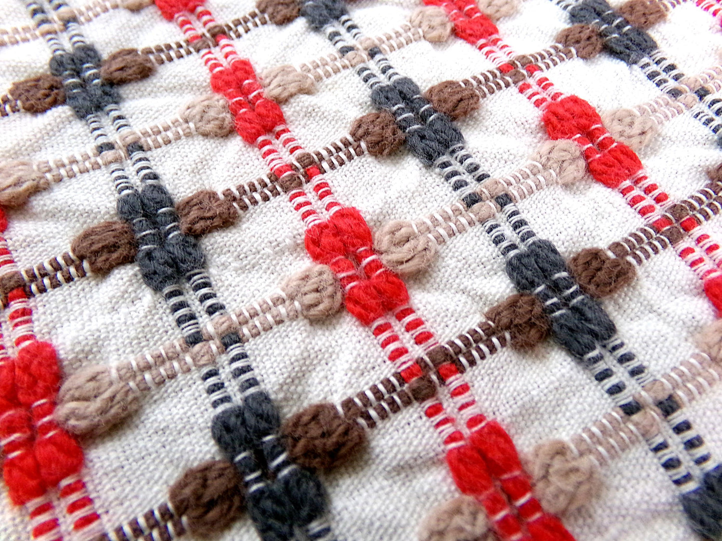 little bow tie vintage woven fabric w/ intersecting chenille cross ties in red, charcoal, mocha & brown, 20" x 24" cut piece sewing material