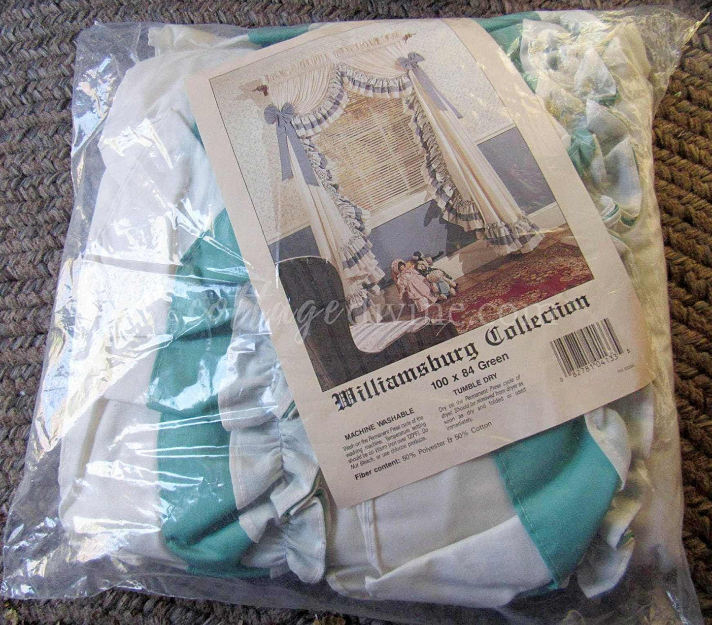 Farmhouse Style Priscilla Curtain Panels Pair, Cream & GREEN Trim, Bow Tiebacks, NOS Vintage Window Curtains, 84" L, Williamsburg Collection