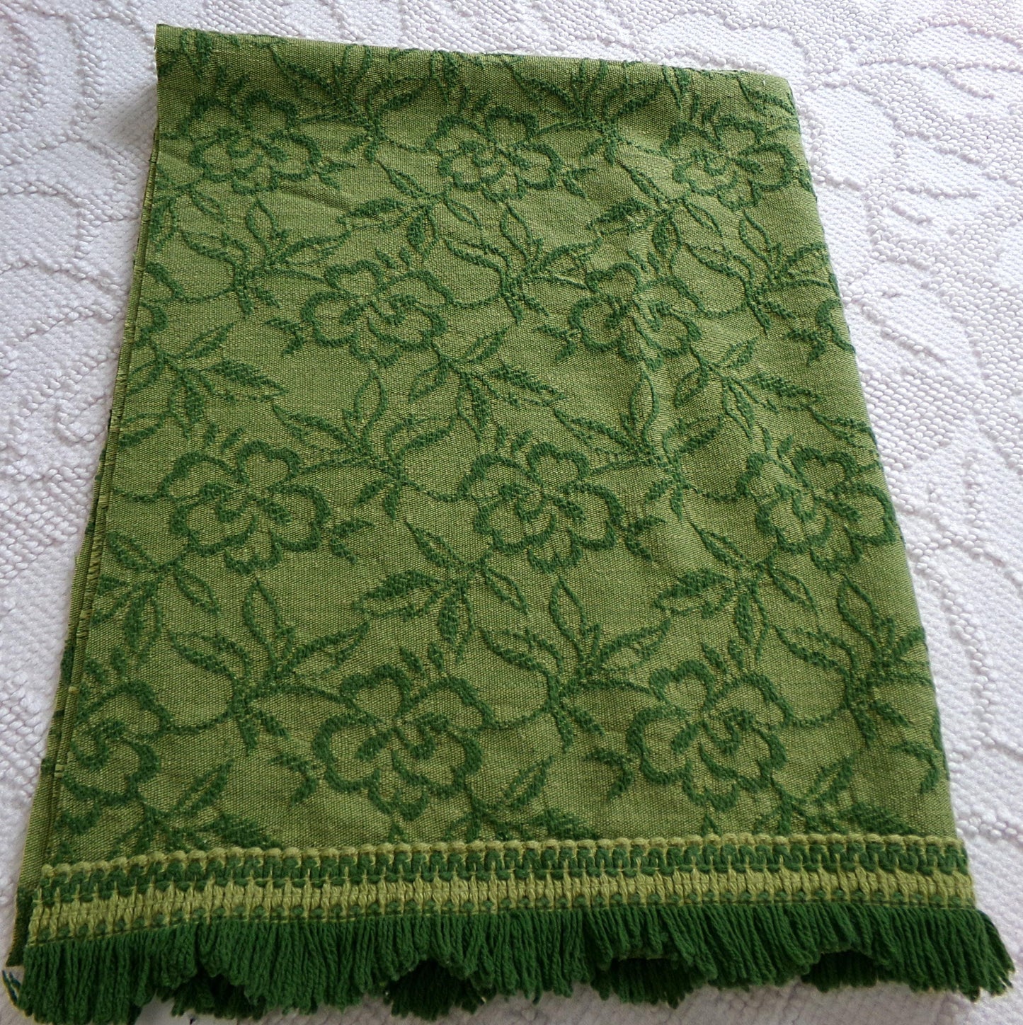 grecian green rose vintage woven fabric, gothic floral design w/ scallop fringe trim edge, 19" x 24" cut piece great for small bags