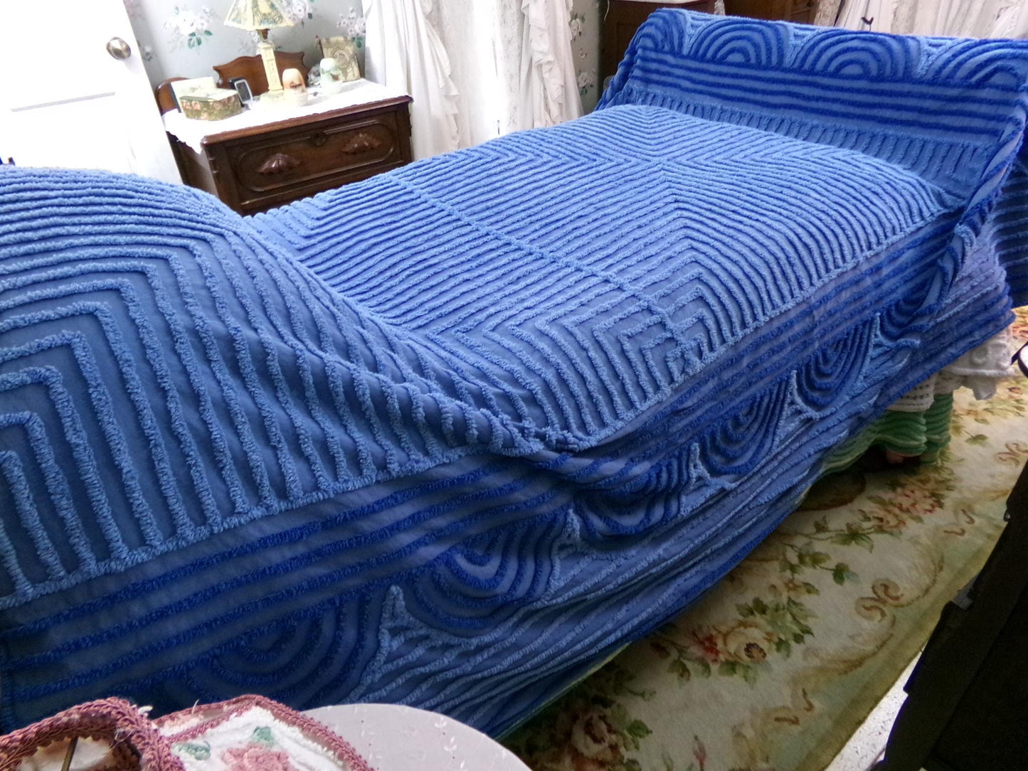 shabby sea nymph blue vintage chenille bedspread, coastal chic geometric design, full size cotton bedding