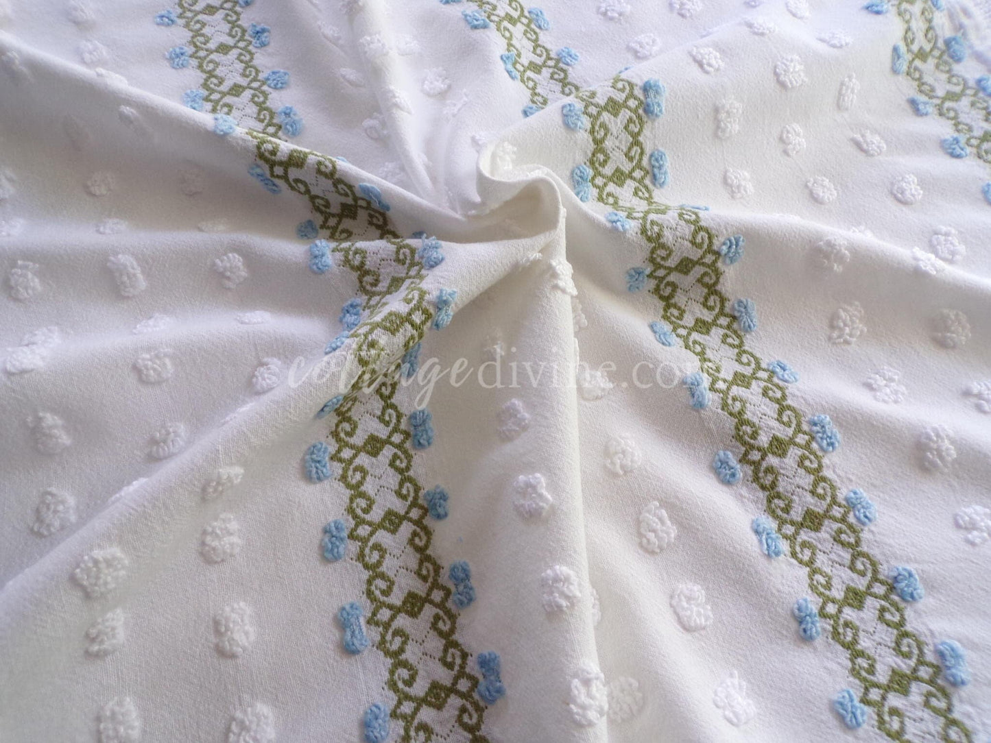 delicate vintage chenille fabric in abstract blue ivy rosebuds & white pops, 26" x 21" inch piece of quilt sewing material