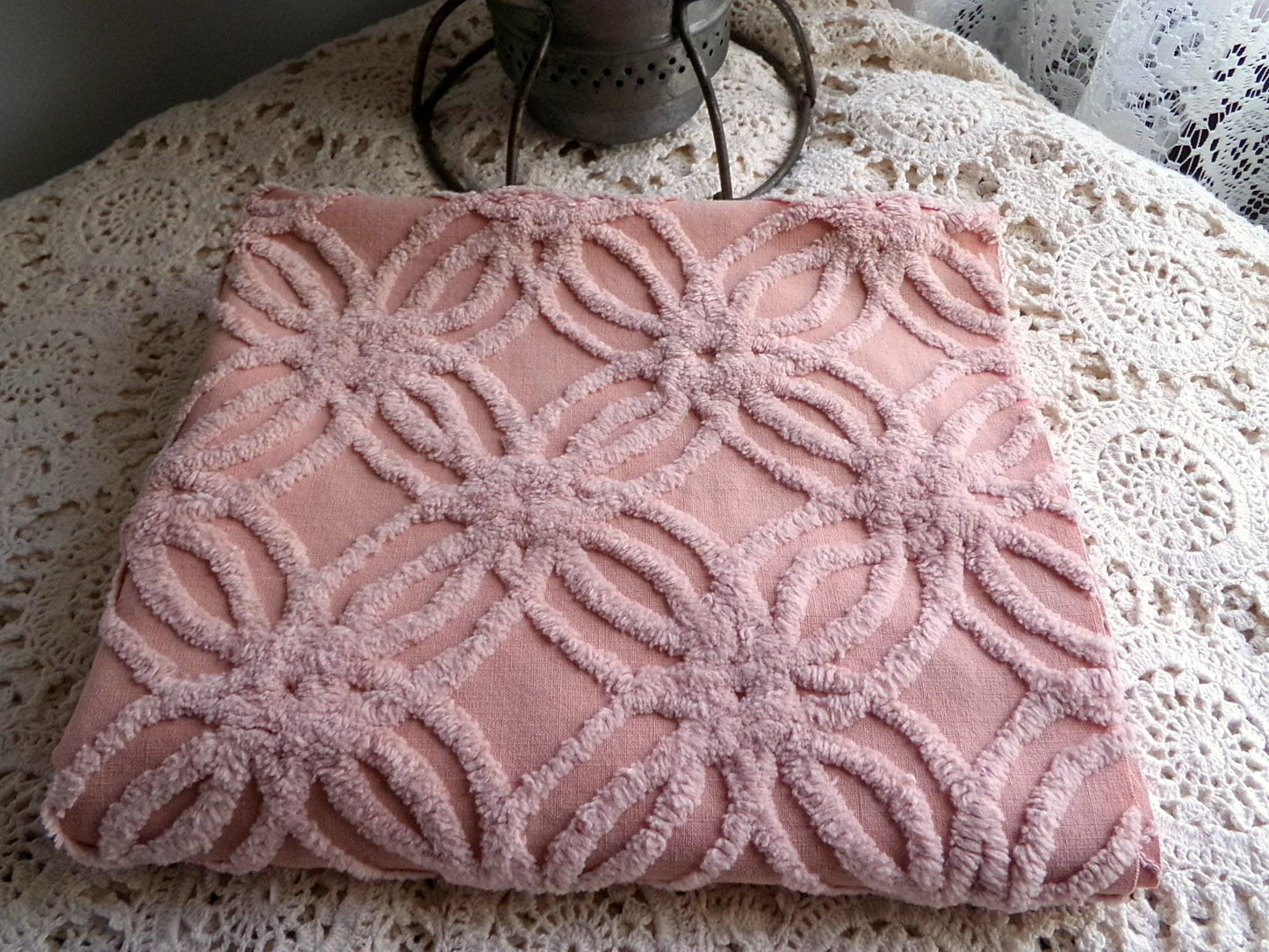 vintage chenille fabric, warm clay mauve geometric wedding ring design, 17" x 28" inch piece for sewing & crafts