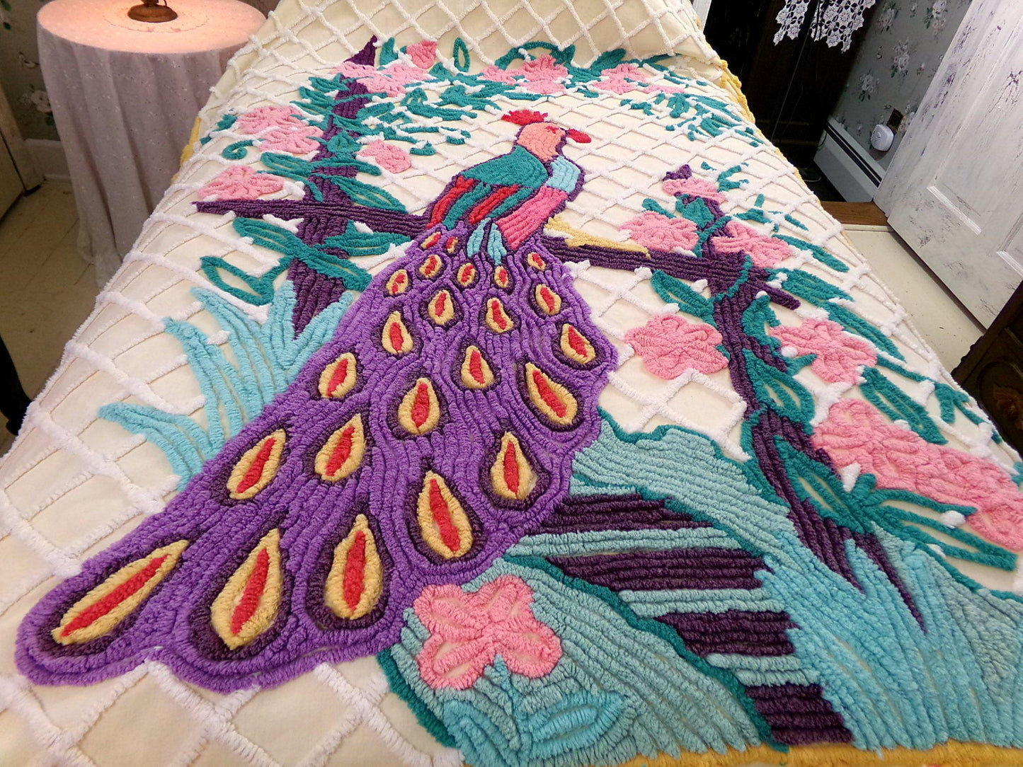 Grand Perched Peacock in a Garden Vintage Chenille Bedspread, Exotic Art Deco Dramatic 1940s Design, Full Size Lightweight Cotton Coverlet